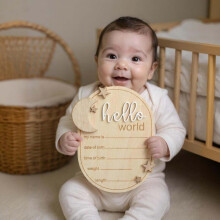 Hello World Baby Sign, 5.9 Inch Newborn Announcement Sign Wooden