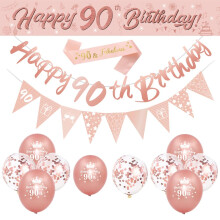 14 Pcs 90th Happy Birthday Decor Rose Gold Party Supplies