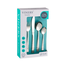 Viners Everyday Glisten Cutlery Set | 18/0 Stainless Steel | 16 Pieces | Serves 4 | Hammered, Square Edge Handles | Mirror Polish