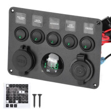 5 Gang LED Rocker Switch Panel with Universal Digital Voltmeter for Boat, Motorbike, Red/Green Switch