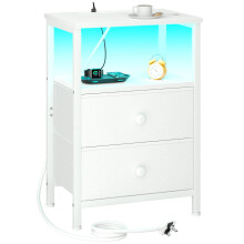 LOAKEKEL Bedside Table with Charging Station, Side Table with LED Light, Nightstand with 2 Fabric Drawers and Open Storage Shelf