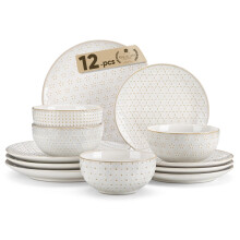 MALACASA 12 Piece Dinner Set for 4, Plates and Bowls Sets 12 Pieces, Embossed Stoneware Dinnerware Sets, Ceramic Dinner Sets, Dishwasher Safe, Series