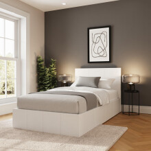 GFW Classic Side Lift Single White Faux Leather Ottoman Bed, Storage Bed with Hydraulic Lift and Stitched Headboard