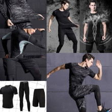Compressie-outfit voor heren, bestaande uit 3 delen: shirt met korte mouwen + hardloopbroek + sneldrogende sportlegging.