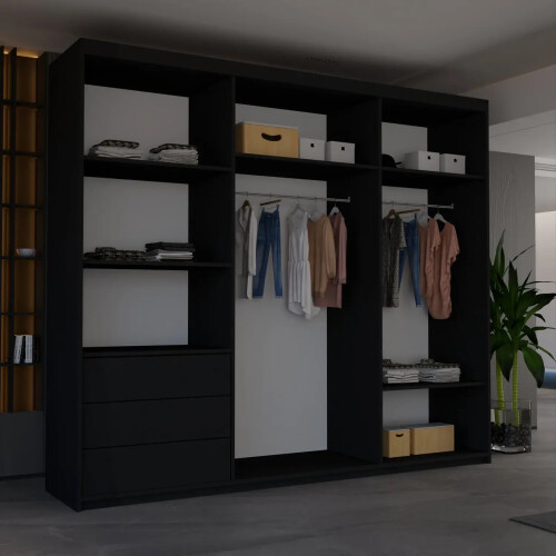 MN Furniture Triple Door Sliding Mirror Wardrobe Black 250cm 1