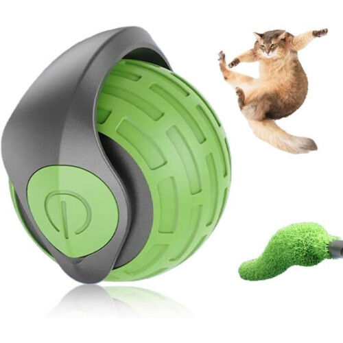 Interactive cat toy with replaceable tail, USB rechargeable striped plastic ball, random movement - Green