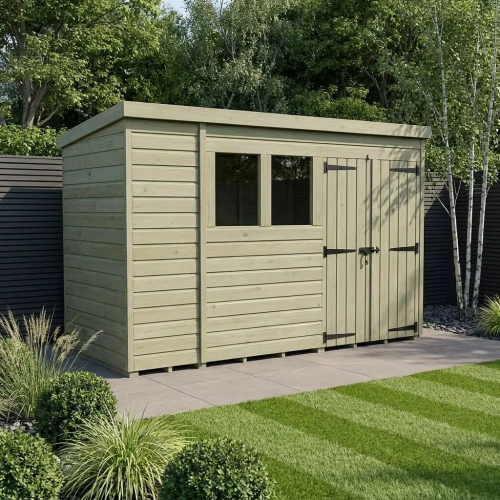 11 x 4 Pent Shed Tanalised (Double Door, With Windows)
