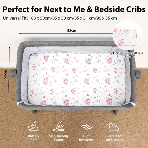 FIEMOL Next to Me Crib Sheets 85x51cm Fitted, 3 Pack Baby Cot Sheets, Ultral Sof 1