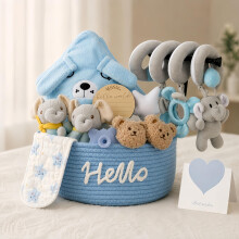 New Baby Boy Gifts Basket, 11-Piece Newborn Baby Gifts for Boy with Hooded Towel, Rattle, Pram Toy & Keepsake Basket, Gift-Ready Baby Shower Gifts fo