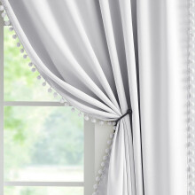 Greyish White Pom Pom Blackout Drapes,Ring Top Eyelet,72",Panels