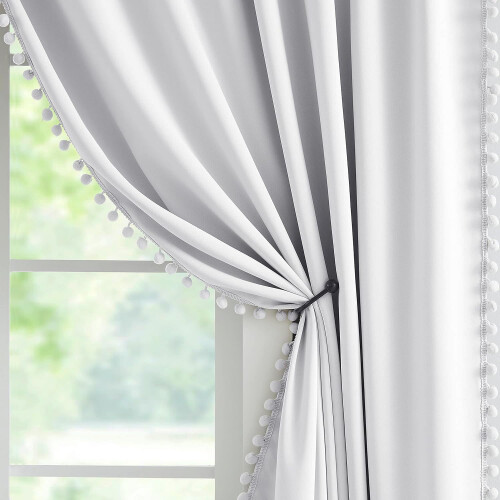 Greyish White Pom Pom Blackout Drapes,Ring Top Eyelet,72",Panels