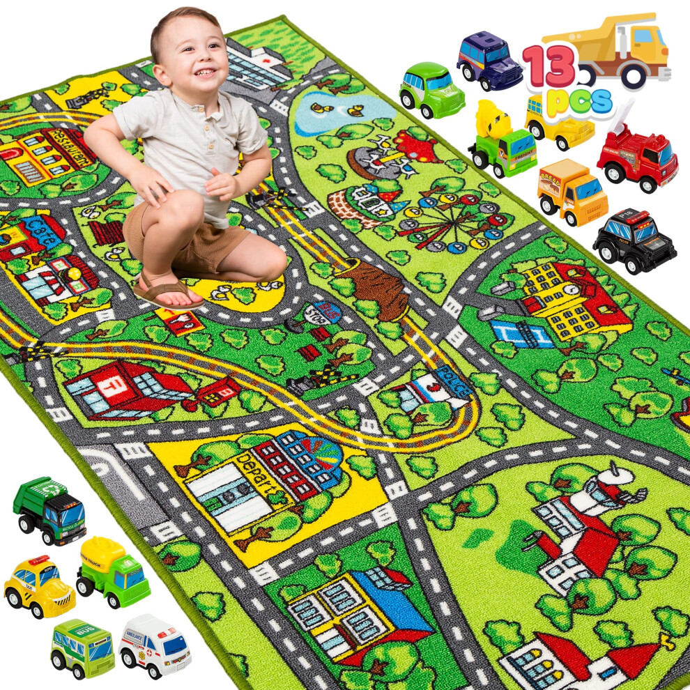 Joyin Kids Play Mat -Community Playmat With Road Tracks & 12 Vehicles, Toy Car M