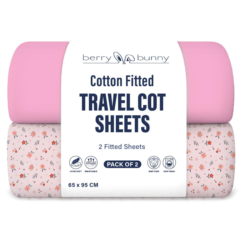 Berry & Bunny Berry And Bunny 100% Cotton Travel Cot Sheets Pack Of 2, Soft Breathable Baby Fi