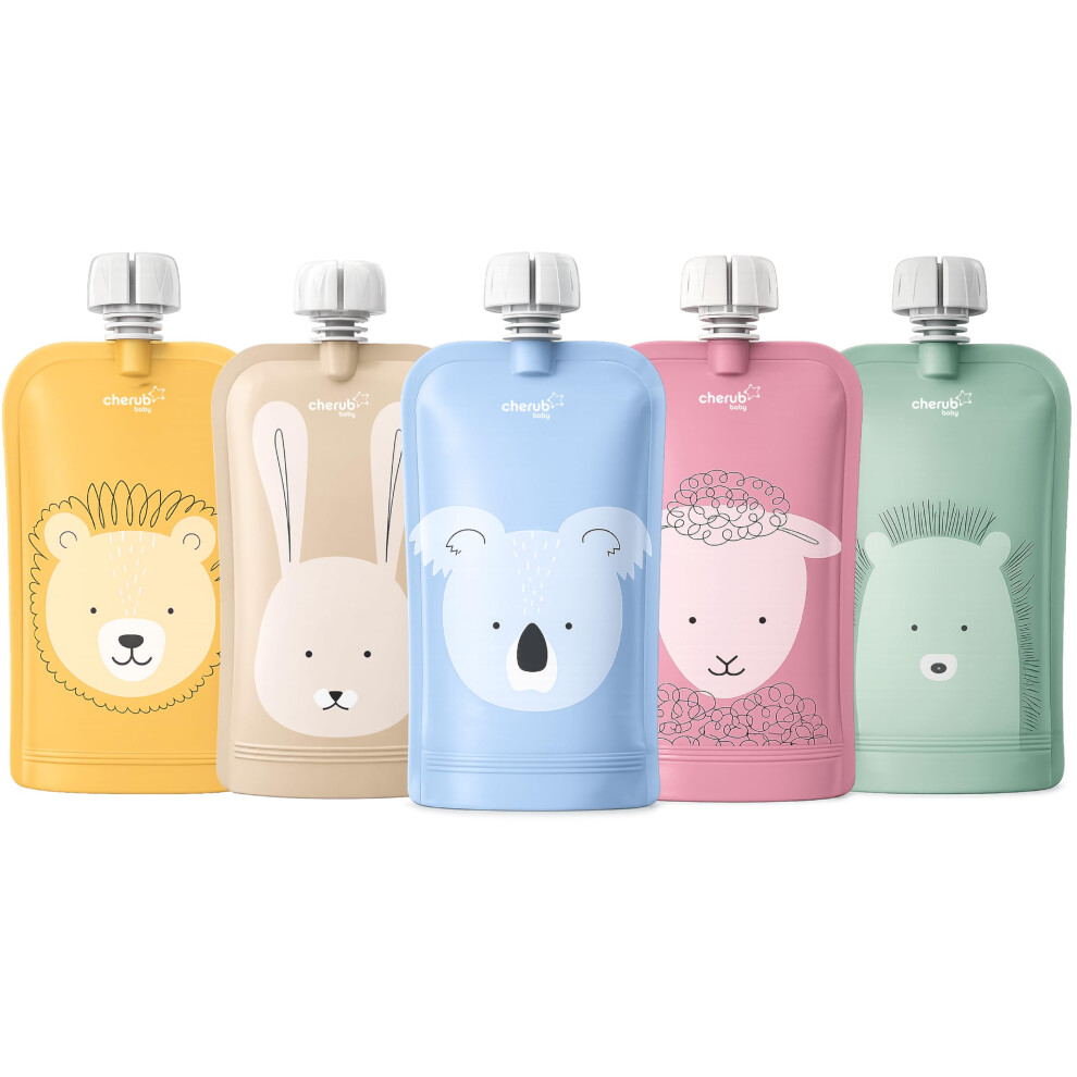 Cherub Baby Reusable Yogurt Pouches 5 Pack 150Ml Leakproof Freezer Safe Bpa-Free Squeeze Bags For Toddler