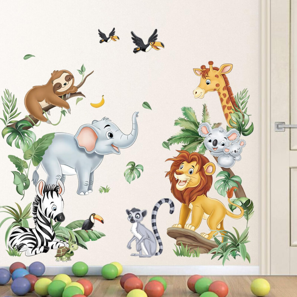 Decalmile Jungle Animals Wall Decals Safari Elephant Lion Giraffe Door Wall Stic