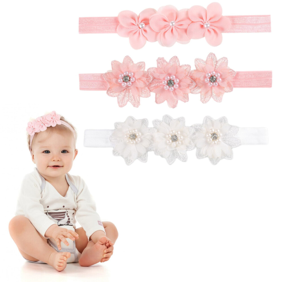 Photos - Hair Product 3-Pack Baby Girl Floral Headbands â Stretchy Nylon Lace Petals with Pearl Accent