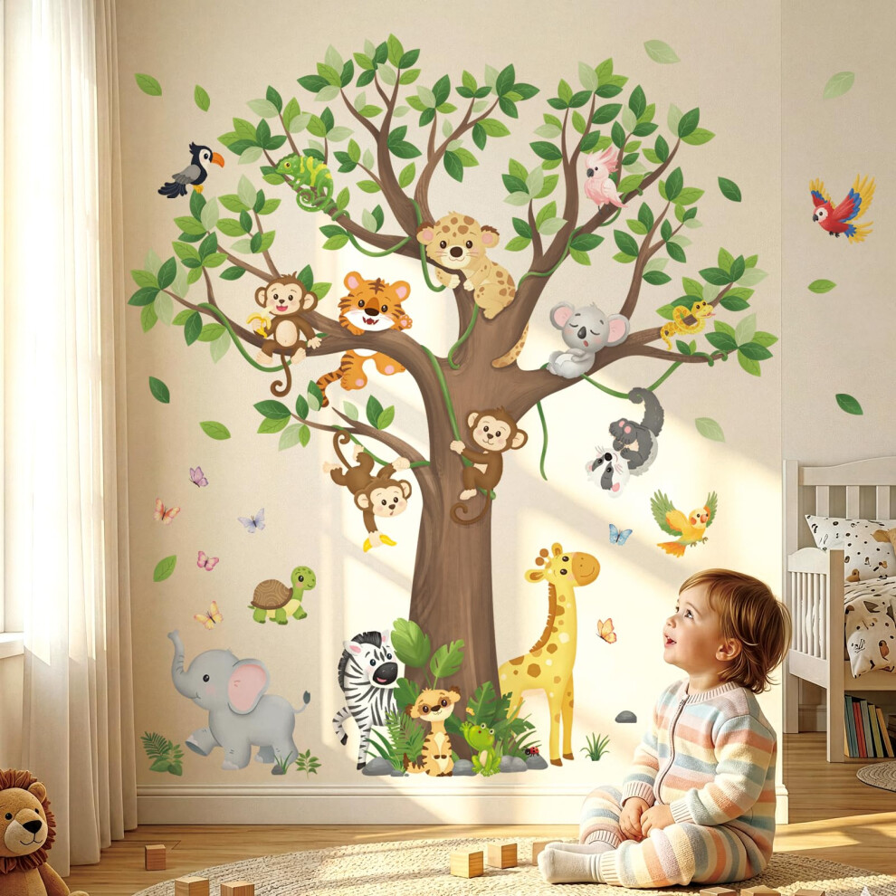 Decowall Large Tree Jungle Animals Wall Stickers Removable Safari Zoo Decals For