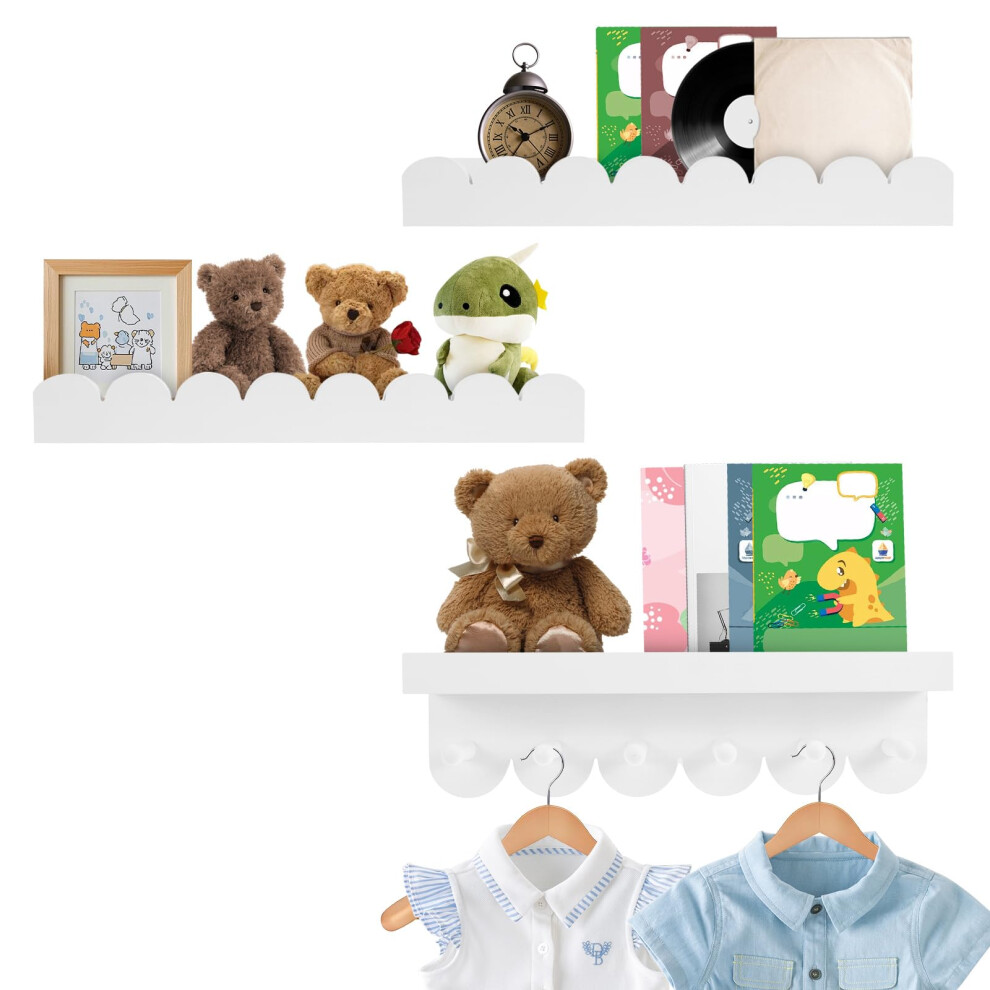 Kuanght 3 Pcs Floating Nursery Book Shelves With Hooks, 40Cm Scalloped Wall Book