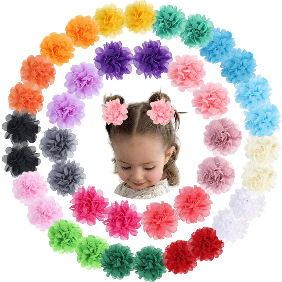 Vobobe 40Pcs 2" Flower Baby Hair Bows Clips, Chiffon Flower Tiny Hair Clips Fine