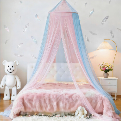 Eimilaly Two-tone Bed Canopy Mosquito Net Pink Blue, Bed Canopy for 1