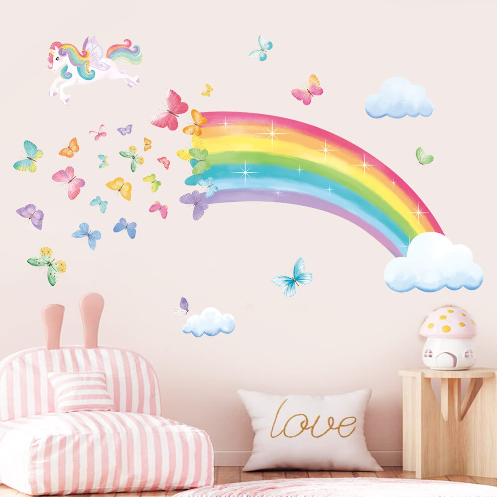 Decalmile Rainbow Wall Decals Unicorn Rainbow Butterflies Clouds Wall Stickers B