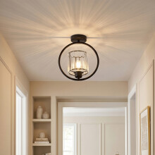 Black Round Ring Semi Flush Mount Ceiling Light, Vertical Crystal Shade E27 Single Bulb Hallway Ceiling Lamp (Bulbs Not Included)