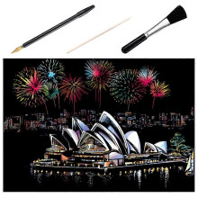 Dazzling City Night Scene Scratch Painting Kit – DIY Handmade Drawing Tools for Relaxation with Bamboo Stick, Gold Plated Pen, and Black Brush for