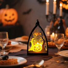 Halloween-Dekorationslaternen – 3er-Set – Kürbis-/Skelett-/Burg-Motive – Flammenlose LED – Batteriebetrieben