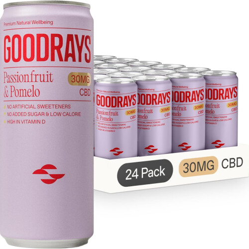 GOODRAYS CBD Drinks, Sparkling Low Calorie Soft Drink, Vegan, Passionfruit & Pom