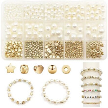 720 runde weiße Perlen mit 5 verschiedenen Formen von goldenen Zwischenperlen für DIY-Halsketten und Armbänder