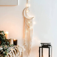 Boheemse macramé wanddecoratie met ledverlichting, gebreide katoenen maan dromenvanger wandtapijt