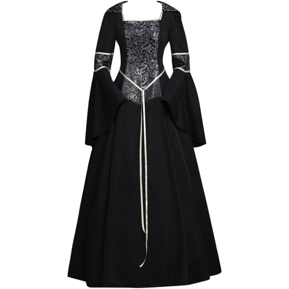 (black, M) Women Medieval Hooded Long Dress Renaissance Queen Witch Vampire Costume Dress
