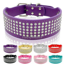 (Green) 2" Wide Leather Rhinestone Dog Collars Bling Diamonds for Large Dogs Labrador