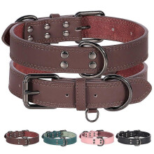 (Brown) Leather Dog Collar with Metal Buckle Heavy Duty for Medium and Large Dogs S-XL
