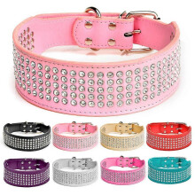 (Red) Rhinestone Dog Collar Leather Diamonds Bling Pet Collars Necklace for Pitbull