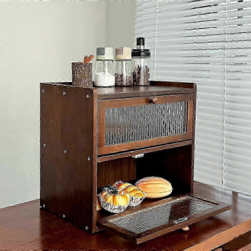 (Brown) z Wooden Bread Storage Container Bin 2 Layer Breadbox Holder Food Organizer 1