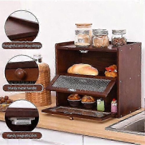 (Brown) z Wooden Bread Storage Container Bin 2 Layer Breadbox Holder Food Organizer 2