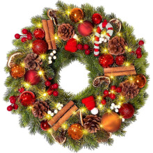 (30cm) 40 cm Christmas Wreath Suitable for Holiday Decor, Features 40 LEDs with Timer, Battery Operated, Includes Artificial Candy Cane, Lemon Slic