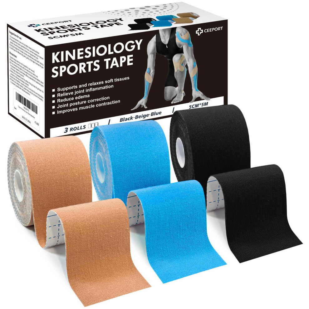 Ceeport Kinesiology Tape (5Cm X 5M, 3 Roll) Elastic Muscle Sports Tape For Joint