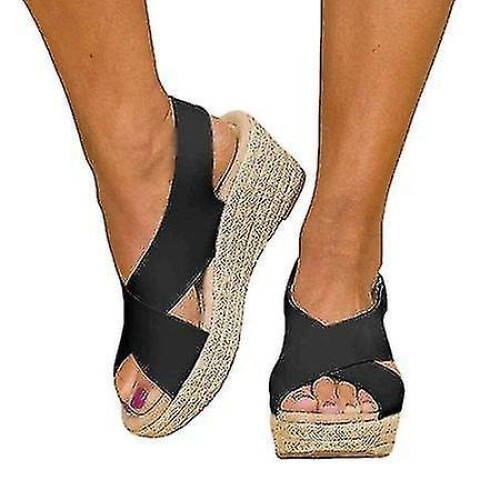(EU41, black) Women's Platform Wedge Sandals Ankle Strap Summer Shoes