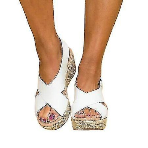 (EU39, White) Women's Platform Wedge Sandals Ankle Strap Summer Shoes