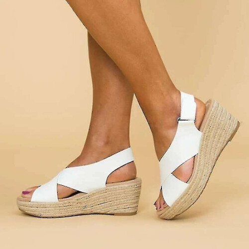 (EU41, White) Women's Platform Wedge Sandals Ankle Strap Summer Shoes 1