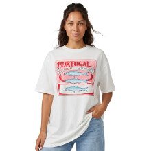 (S, Creamy-white) Women's Summer Sardines Print Tops Short Sleeve Round Neck T-shirt