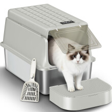 Fobyfurny Stainless Steel Cat Litter Tray with Flip Lid, XXL Enclosed Metal Cats Litter Box, with Cat Litter Scoop and Foot Step, Removable, 120 Fli
