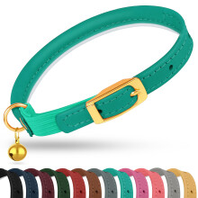 OOPSDOGGY Rolled Leather Cat Collar with Bell Reflective Round Cats Collar (Teal)