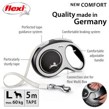 flexi Comfort L | 5 m retractable tape leash for dogs up to 60 kg | Black | retractable dog lead | Weight: 520 g | Dimensions: 13.4 x 20.8 cm