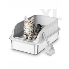 Stainless Steel Cat Litter Tray with High Sides, XXL Metal Cat Litter Box with Scoop, Hooded Toilet for Cat Rabbit, Pet Tray for Large and Small Cats