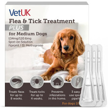 VetUK Flea & Tick Treatment Plus for Medium Dogs 10–20kg 3 Pipettes