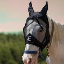 XE Horse Fly Mask with Ears –Breathable Mesh Horse Mask for UV Protection and Equine Fly, Standard Equestrian Pink Horse Fly Mask (Half Black Mask,