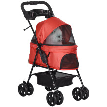 PawHut Pet Stroller Foldable Travel Carriage w/Brake Basket Canopy, Red